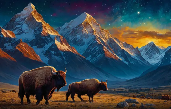 Picture animals, art, mountains, bison