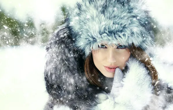 Picture winter, look, girl, snow, smile, hat, gloves, fur