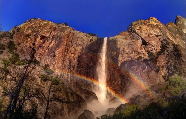 Nature, rock, Park, photo, waterfall, rainbow, CA, USA