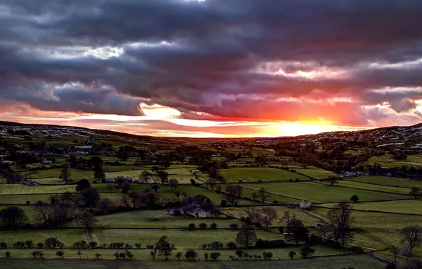 Field, trees, sunset, clouds, the village