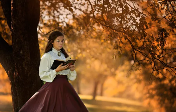 Picture autumn, girl, trees, branches, nature, retro, foliage, skirt