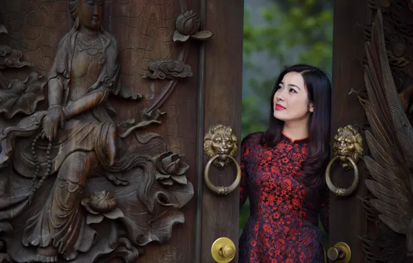 Girl, face, gate, dress, Asian, thread