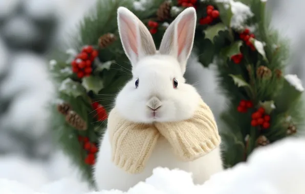 Winter, white, snow, berries, hare, rabbit, Christmas, the snow