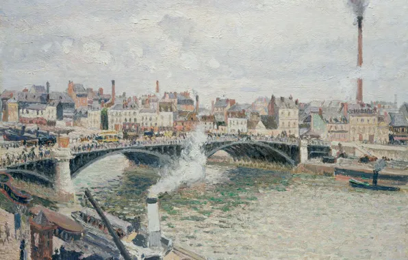 Bridge, river, home, picture, the urban landscape, Camille Pissarro, Morning. Cloudy Day. Rouen
