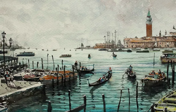 Picture tower, home, picture, boats, watercolor, Venice, the urban landscape, Maximilian DAmico