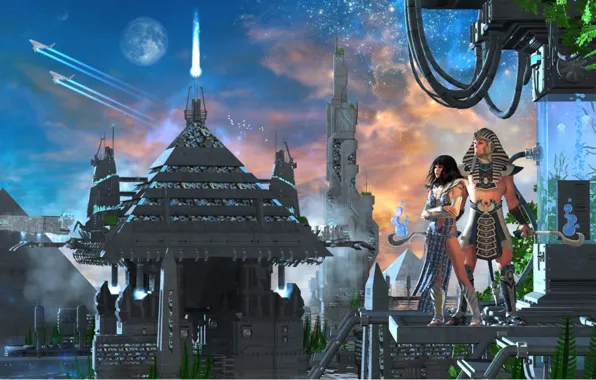 The sky, woman, planet, tower, stars, pyramid, male, flight