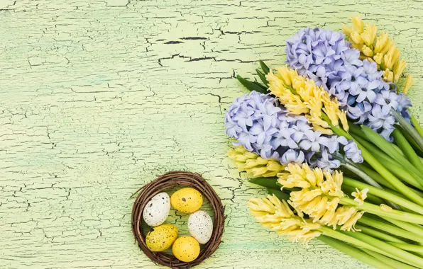 Flowers, bouquet, yellow, yellow, flowers, eggs, easter, hyacinths