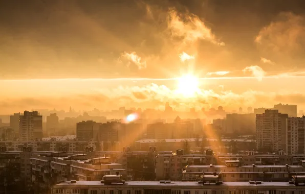 Roof, the sky, the sun, clouds, rays, dawn, home, Ukraine