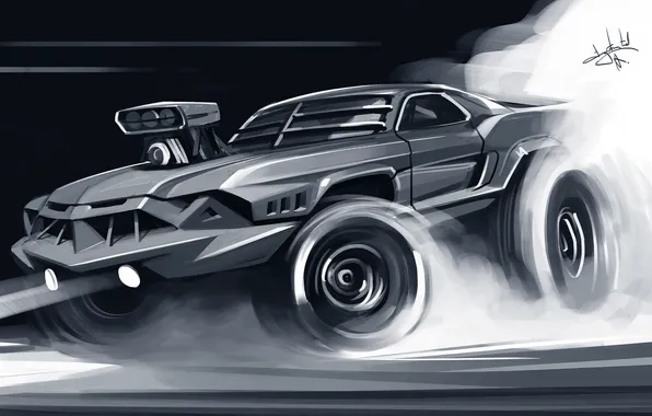 Picture monochrome, digital art, concept cars, muscle cars, watermarked, Alexander Sidelnikov, concept art