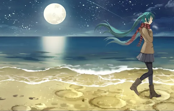 Picture girl, night, shore, hatsune miku, anime, art, curry kenji