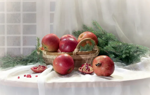 Apples, spruce, fruit, still life, garnet