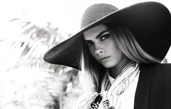 Portrait, hat, actress, black and white, beauty, Cara Delevingne, Cara Delevingne