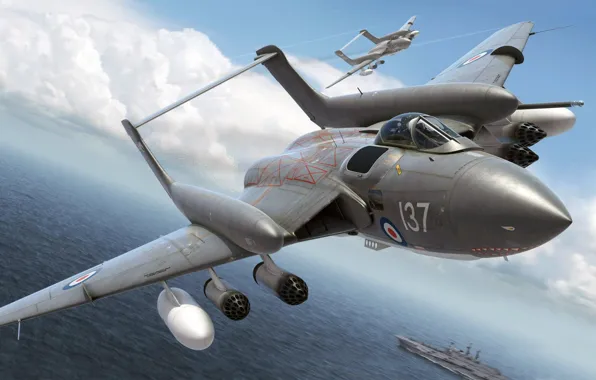Picture figure, art, De Havilland, Sea Vixen, British double carrier-based fighter, The Royal Navy, DH.110
