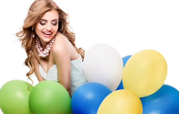 Picture dress, joy, girl, white background, air, makeup, hairstyle, smile, brown hair, colorful, beads, balls