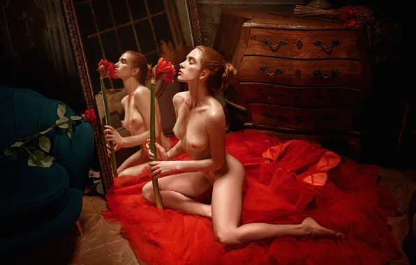 Flower, erotic, chest, girl, light, red, reflection, room