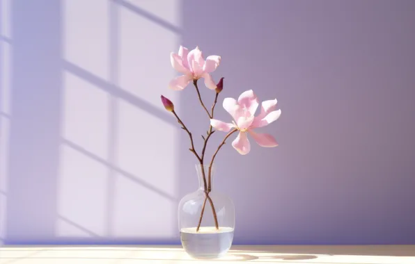 Light, flowers, branches, wall, bouquet, spring, vase, gentle