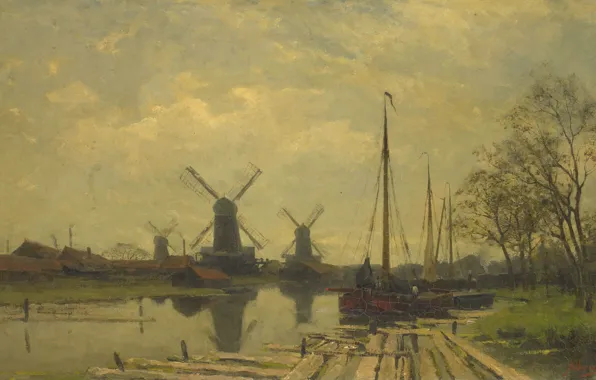 Picture landscape, oil, picture, canvas, The channel with the Fishing Boats in Amsterdam, Jan Hillebrand Wijsmuller