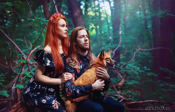 Forest, look, girl, branches, nature, makeup, dress, Fox