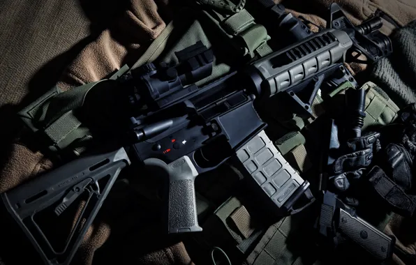 Weapons, blur, bokeh, wallpaper., Beretta M9, automatic carbine, ammunition, the camouflage equipment, pistol tactical flashlight