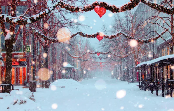 Snow, decoration, the city, mood, street, Holiday