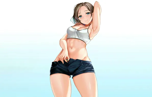 Girl, sexy, cleavage, shorts, brown hair, boobs, anime, beautiful