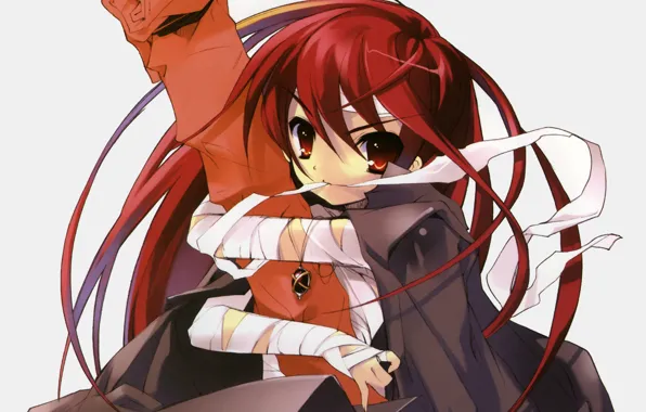 Pendant, white background, cloak, shakugan no shana, shana, art, bandages, red hair