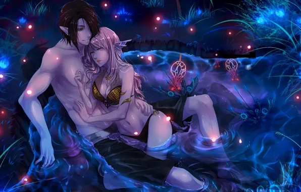 Girl, love, blue, elf, pair, guy, elf, art