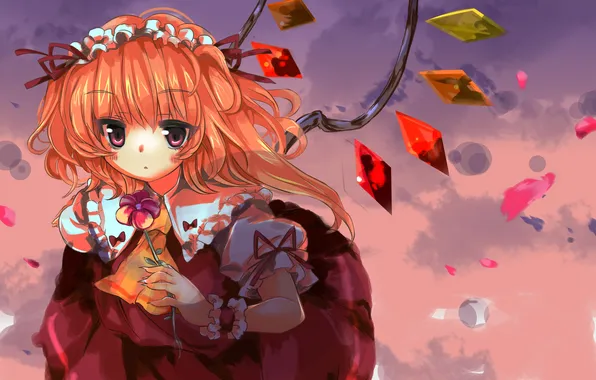 Picture flower, wings, art, girl, crystals, red, touhou, flandre scarlet