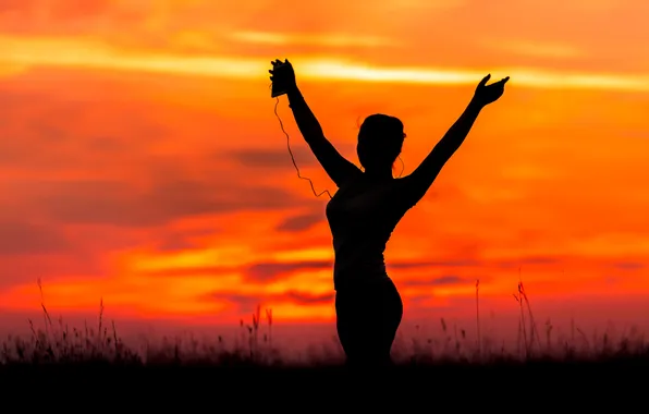 Picture girl, sunset, music, dancing