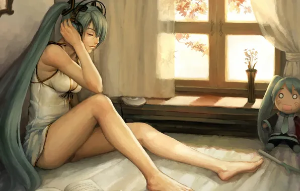 Girl, music, room, figure, doll, headphones, window, vocaloid