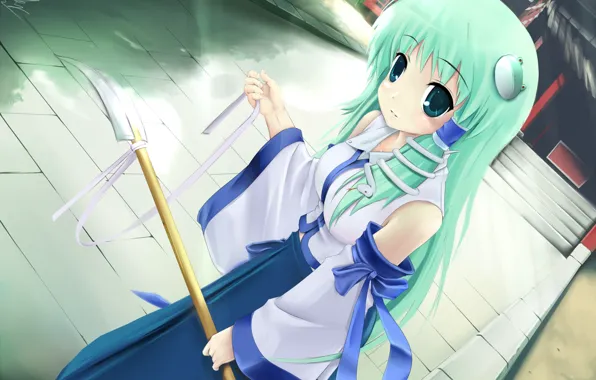 Temple, priestess, green hair, Kochi Have Done The Art, white snake, a stone path, Touhou …