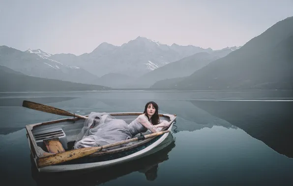 Picture girl, mountains, pose, lake, boat, the situation, dress, paddles