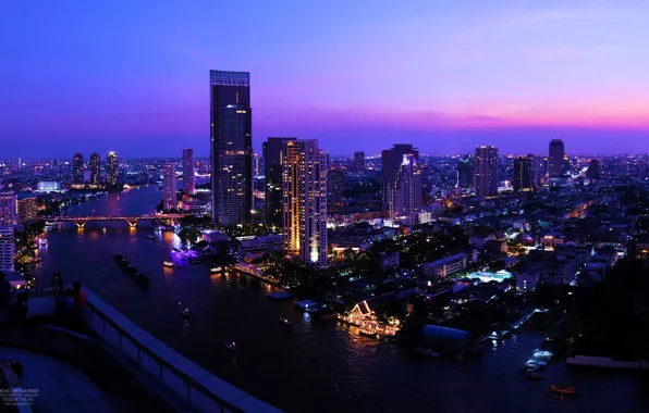 Picture the sky, sunset, night, bridge, the city, river, skyscrapers