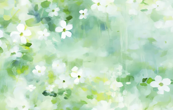 Greens, leaves, flowers, glade, blur, texture, spring, watercolor