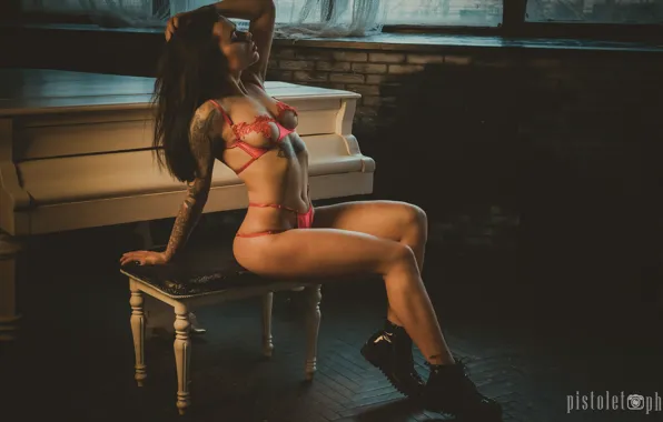 Chest, girl, pose, shoes, figure, piano, tattoo, linen