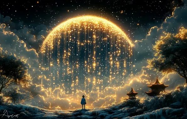 The sky, clouds, trees, night, nature, the moon, boy