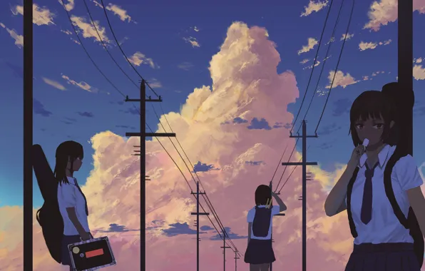 The sky, Schoolgirls, power lines