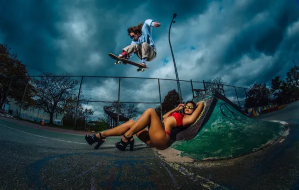 The storm, the sky, girl, clouds, jump, feet, hair, glasses