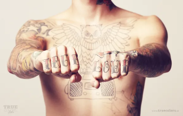 Picture the inscription, tattoo, fists, torso, true love