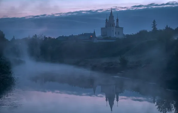 Landscape, nature, fog, reflection, river, dawn, morning, Church
