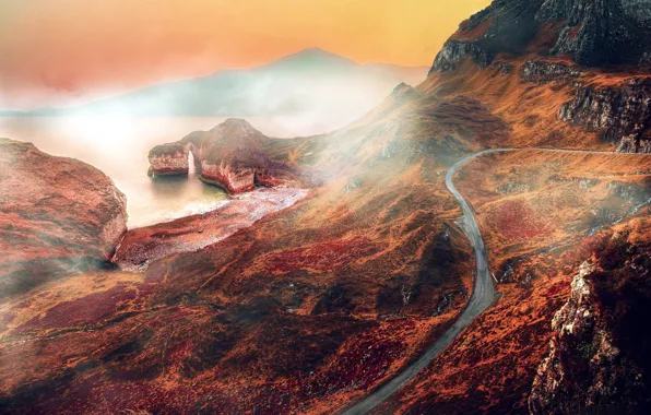 Road, sea, autumn, fog, rock, arch