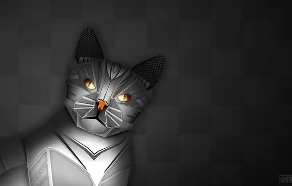 Picture cat, background, robot, art, checkerboard, the cat robot going