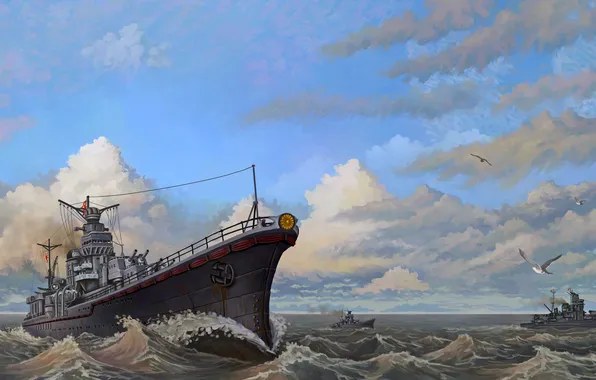 Sea, wave, ship, seagulls, art