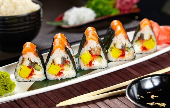 Picture sushi, rolls, filling, salmon, nori, wasabi