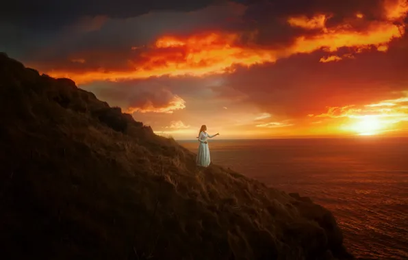 Sea, autumn, the sky, girl, the sun, clouds, landscape, sunset