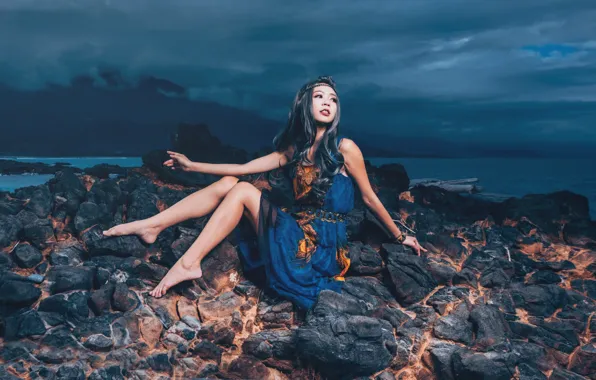 Picture sea, the sky, girl, pose, rocks, dress, legs, twilight