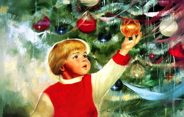 Decoration, holiday, balls, child, picture, New year, tree, Donald Zolan