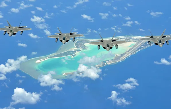 Picture sea, flight, island, fighters, F-22 Raptor, multipurpose, "Raptor"