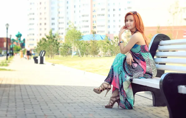 Picture summer, girl, the city, red hair, bench, long dress