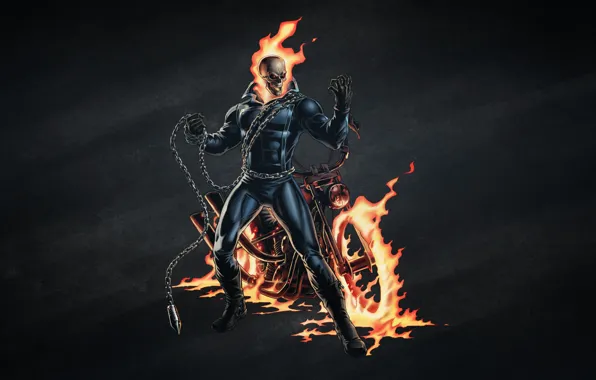 Picture the dark background, fire, skull, chain, skeleton, motorcycle, Ghost Rider, Ghost rider